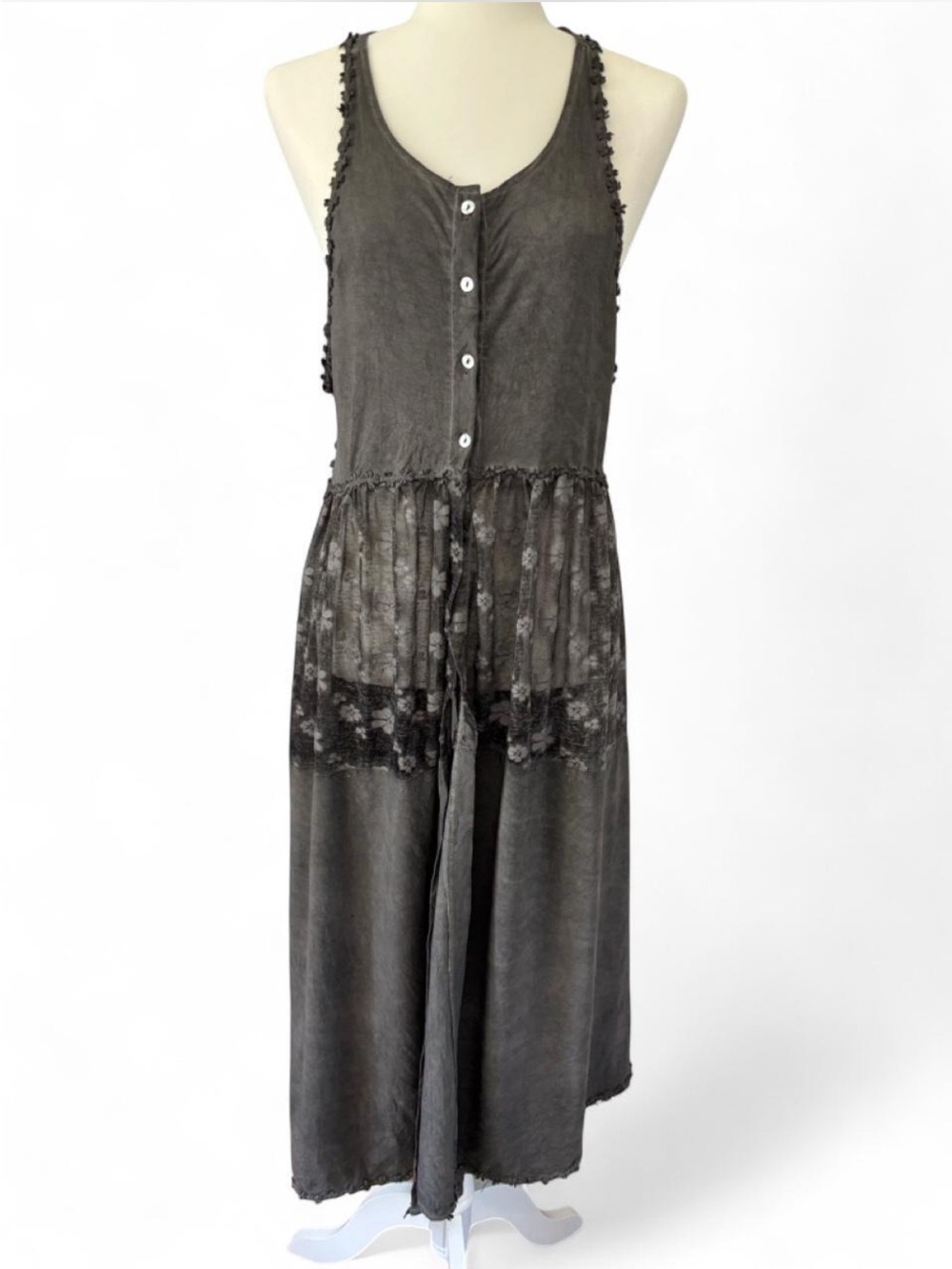 POL Charcoal Washed Lace Trim Sleeveless Tunic Dress Size Sz Large Boho Cot